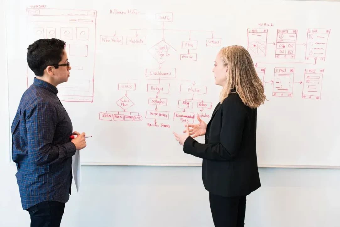 Dos profesionales planificando la estructura de una web y sus campañas en una pizarra